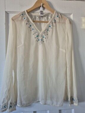 Vintage Y2K Guess Jeans Embellished Boho Blouse Jewel Sequin Trim Cream Sz L